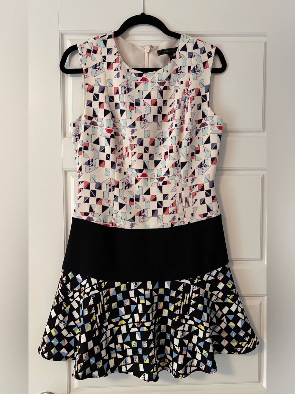 BCBGMaxAzria Cream, Black, Pink  Geometric Fit-and-Flare Dress